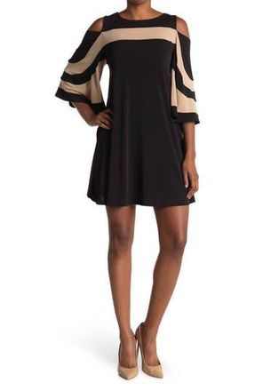 Nina Leonard Ity Stripe Cold Shoulder Dress in Black Tan at Nordstrom Rack, Size Medium