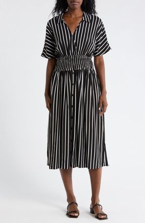 Ellen Tracy Stripe Short Sleeve Smocked Waist Midi Dress in Black/White Stripe at Nordstrom Rack, Size X-Small