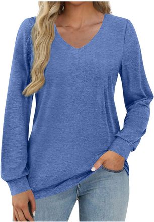 Generic Women Long Sleeve Tops - V Neck, Cotton, Casual, Solid, Striped Floral Print, Cuff Sleeve, Base Layered, Pull On, Tunics, Longline Tee Shirts Jumpers 