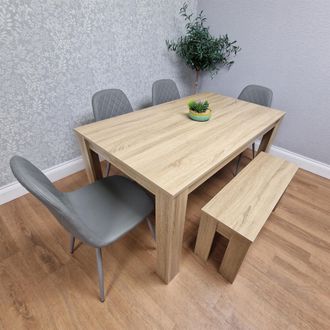 Kosy Koala Oak Effect Dining Table Set With 4 Grey Gem Pattern Chairs & Bench Dining Room Furniture in Brown