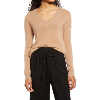 Nordstrom Cashmere Essential V-Neck Sweater in Camel at Nordstrom Rack, Size Large