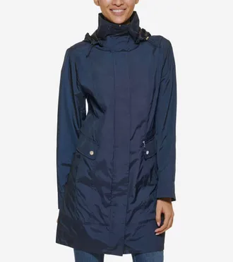 Cole Haan Womens Signature Packable Hooded Rain Jacket - Blue Size Large