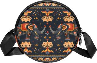 Generic Circle Crossbody Bag for Women, Elephants Flowers Small Sling Bag Daypack with Zipper Adjustable Shoulder Straps Casual Ladies Girls Round Purse