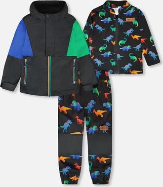 Deux par Deux 3-in-1 Two-Piece Dinosaur Print Mid-Season Outerwear Set in Black Dinosaur Print at Nordstrom, Size 24M