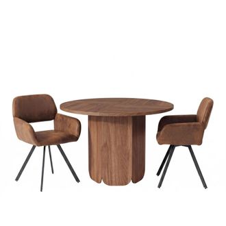 Urban Meuble Conjunto mesa redonda 120 cm y 2 sillas marr&oacute;n efecto cuero