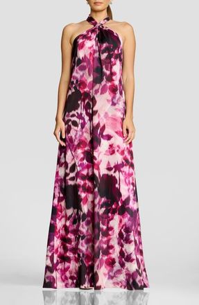 Dress The Population Maven Halter Maxi Gown in Dark Magenta Multi at Nordstrom, Size Xx-Large
