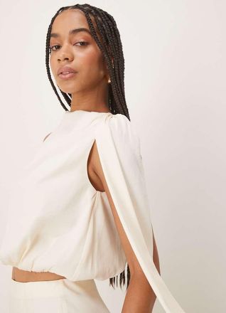 Six Stories Top accollato color crema con dettaglio drappeggiato in coordinato-Bianco