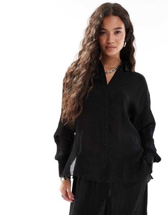 French Connection Camicia comoda in raso effetto stropicciato nera in coordinato-Nero