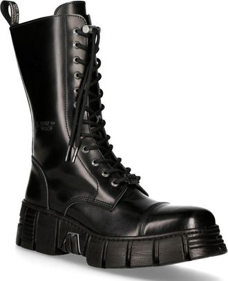 New Rock Black Leather Mid-Calf Tower Biker Boots-M-WALL127N-C1