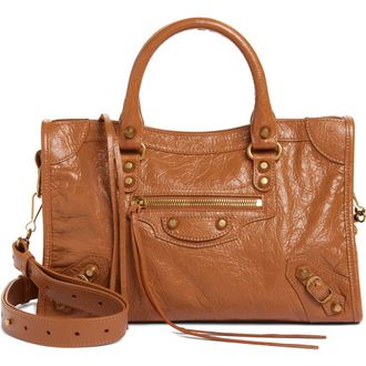 Balenciaga Small Le City Crinkle Leather Satchel in 2630 Camel at Nordstrom