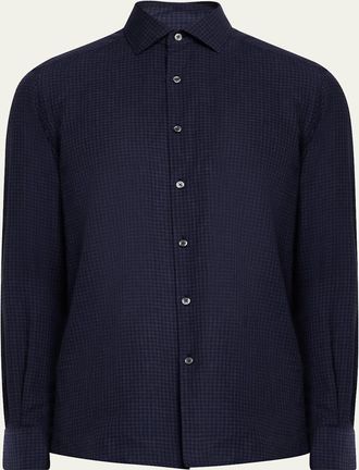 Ermenegildo Zegna Mens Cotton and Cashmere Check Casual Button-Down Shirt