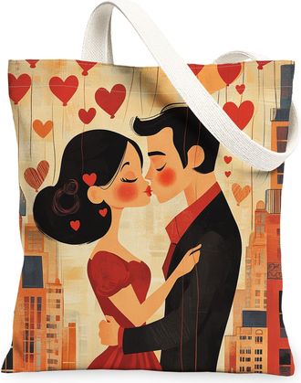 Generic Romantic Valentines Day Cupid Canvas Tote Bag for Shopping 13x15, Man and Wife Couple Love Reusable Grocery Print Bag for Women, Fun Lover Beach Aesth