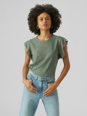 Vero Moda Rundhalsshirt VERO MODA VMTASSA SL FRILL TOP NOOS, Damen, Gr. XS, gr&uuml;n (laurel wreath), Jersey, Obermaterial: 95% Polyester, 5% Elasthan, unifarben, l