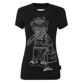 Philipp Plein Tops, Dames, Zwart, M, Katoen, Cotton Pure Fit T-Shirt Teddy Doorman Crystal