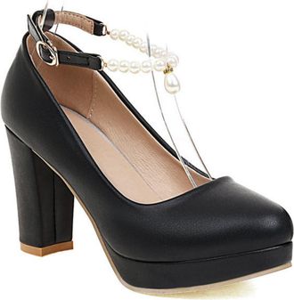 Generic Womens Platform Chunky Heel Wedding Party Shoes Ankle Strap Formal Pumps with Pearls,Black,1.5 UK