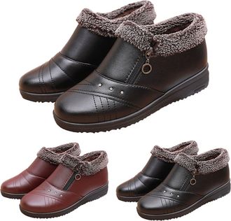 Generic Womens Padded Warm Short Boots with Fur Lined Ladies Flat Low Heel Vegan Leather Booties Waterproof Slip-On Shoes Winter Thickening Snow Boots Black