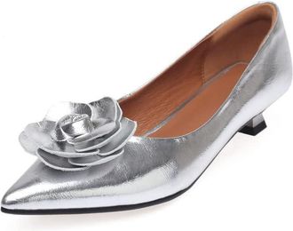 TinaCus Pointed Toe Genuine Leather Handmade Floral D&eacute;cor Kitten Heels Womens Cute Pumps Shoes, Silver, 1.5 UK