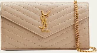 Saint Laurent YSL Monogram Large Wallet on Chain in Grained Leather