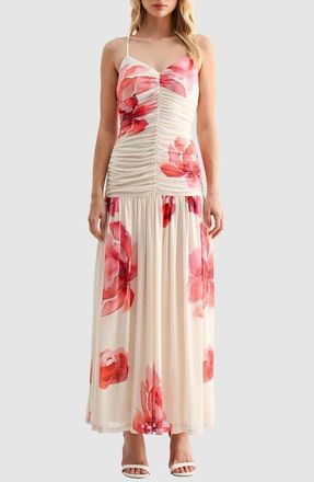 All in Favor Floral Ruched Drop Waist Chiffon Midi Dress in Cream Red Floral at Nordstrom, Size X-Small