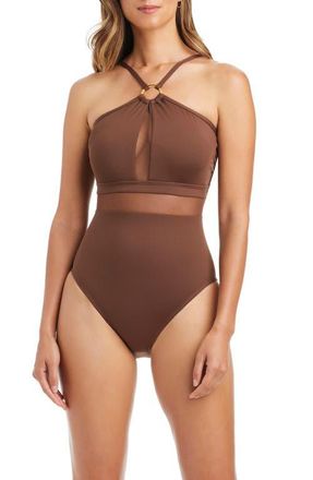 Bleu Rod Beattie Sheer Mesh Inset One-Piece Swimsuit in Rockpool at Nordstrom, Size 12