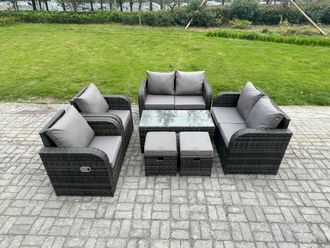 Fimous Patio Garden Furniture Sets Wicker 8 Seater Outdoor Rattan Furniture Sofa Sets with Coffee Table Reclining Chair 2 Small Footstools