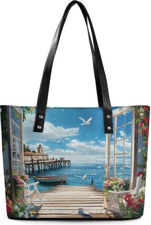 Generic Seaside Boat Scenery Tote Bags for Women Cute Shoulder Purses Handbags
