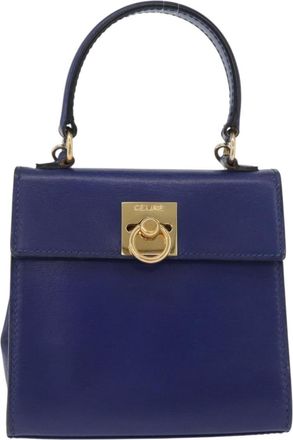 Celine Vintage Logo Top Handle Bag Leather Blue Leather Handbag (Pre-Owned)