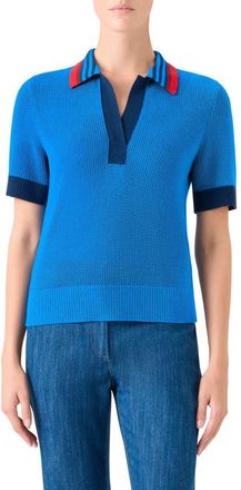 Akris Short Sleeve Virgin Wool Polo Sweater in Cobalt Blue-Multi at Nordstrom, Size 10