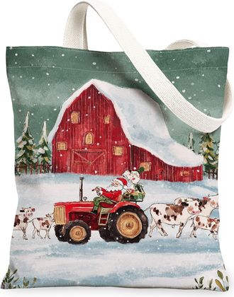 Generic Christmas Farm Canvas Tote Bags, Rustic Barn and Tractor Pattern, Winter Vintage Washable Shoulder Tote for Shopping Picnic, Green, 13x15 Inch