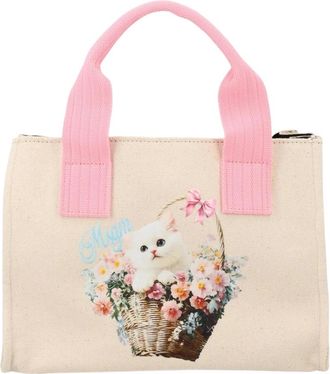 Msgm Tote Bag in Tela con Stampa Gatto e Cesto Floreale - - Bags - Donna - Beige - ONE SIZE