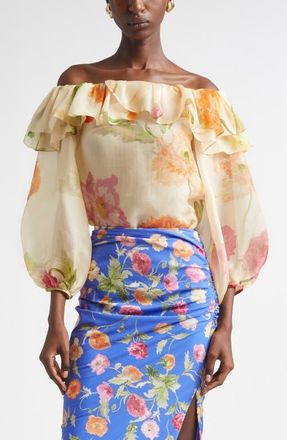 Carolina Herrera Poppy Print Silk Organza Off the Shoulder Top in Almond Multi at Nordstrom, Size 16