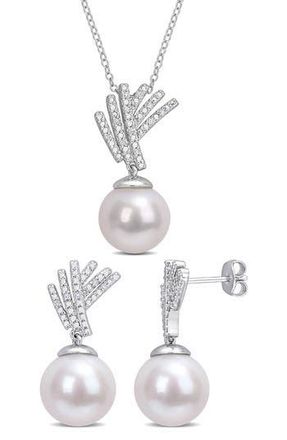 Delmar 11-12mm Cultured Freshwater Pearl & Diamond Pendant Necklace & Earrings Set - 0.1ct. in White at Nordstrom Rack