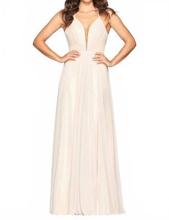 Faviana Glitter Chiffon V-Neck Dress In Champagne