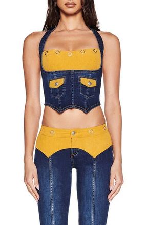 I.AM.GIA Tommie Mixed Media Halter Corset Top in Dark Wash at Nordstrom, Size Xx-Small
