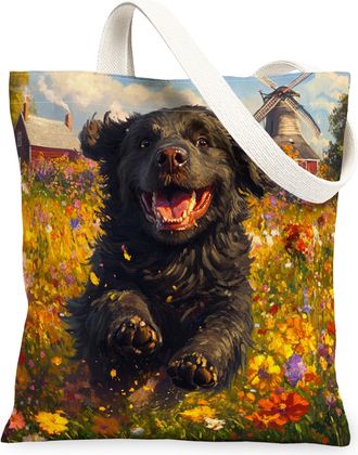Generic Spring NewFoundland Dog Canvas Tote Bag for Shopping 13x15, Country Garden Puppy Reusable Grocery Print Pattern Bag for Women, Fun Flower Pet Beach Ae