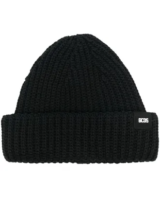 GCDS logo-patch ribbed knit beanie - women - Cotton - One Size - Black