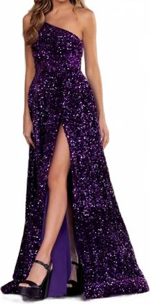 Sherri Hill One-Shoulder Sequin Evening Slit Maxi Dress In Purple