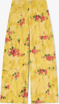 Ganni Vibrant Yellow Baggy Cargo Jeans in Printed Denim - Size 24W/33L Organic Cotton