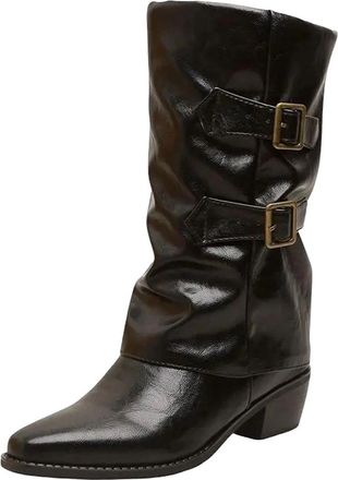 Generic Womens Retro Mid Calf Boots Pointed Toe High Block Heel Slip On Design With Metal Decoration Belt Buckle Daily Wear