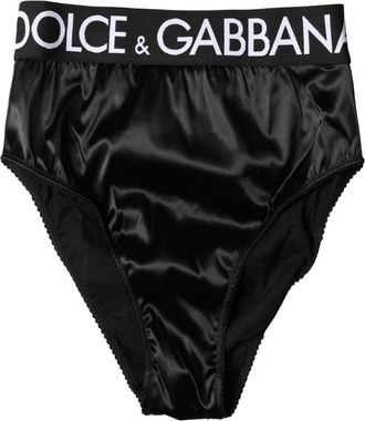 Dolce & Gabbana Black Satin High-Waist Brief Logo Women Underwear Acetate Elastane Nylon Clothing