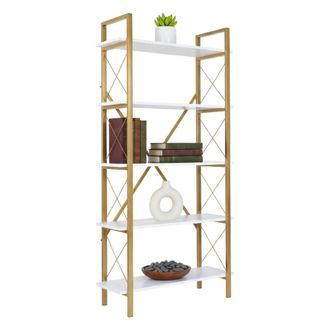 Dmora Dmora - Estante Para Libros Martone, Estante De Oficina, Porta Libros M&oacute;vil, Biblioteca, 90x34 H180 Cm, Blanco Y Oro