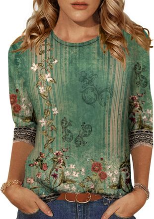 Zeagoo Blouses for Women 3/4 Sleeve Tops Casual Crew Neck Floral Blouse Summer T Shirts Retro Green L