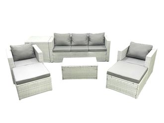 Fimous Rattan Garden Furniture Set with 3 Seater Sofa 2 Chair Rectangular Coffee Table 2 Big Footstools Side Table Light Grey Mixed 7 Seater