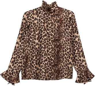 Alberto Biani Luipaardprint Zijden Hoge Hals Shirt - Dames - Blouses - Bruin - 2XS - Overhemden
