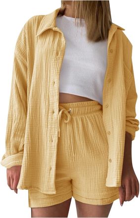 Generic Womens Summer 2 Piece Outfit Ladies Leisure Co Ord Sets Button Down Cotton Linen Shirt and Shorts with Pockets Lounge Set Tracksuit Y2K Aesthetic Clot