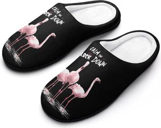 Generic Funny Flamingo Calm The Flock Down Mens House Slippers Memory Foam Washable Cotton Slip on Home Shoes