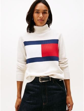 Tommy Hilfiger Womens Intarsia Flag Logo Turtleneck Sweater - Beige - XXS