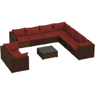 vidaXL Set Muebles De Jard&iacute;n 10 Pzas Y Cojines Rat&aacute;n Sint&eacute;tico Marr&oacute;n Vidaxl