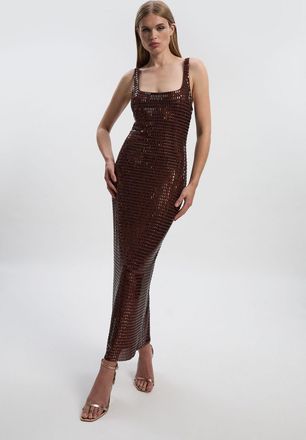 Karen Millen Womens Petite Premium Crystal Embellished Jersey Midi Dress - Chocolate - Size Medium