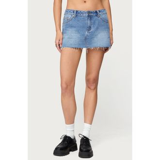 Edikted Micah Low Rise Raw Hem Denim Miniskirt in Blue-Washed at Nordstrom, Size X-Small